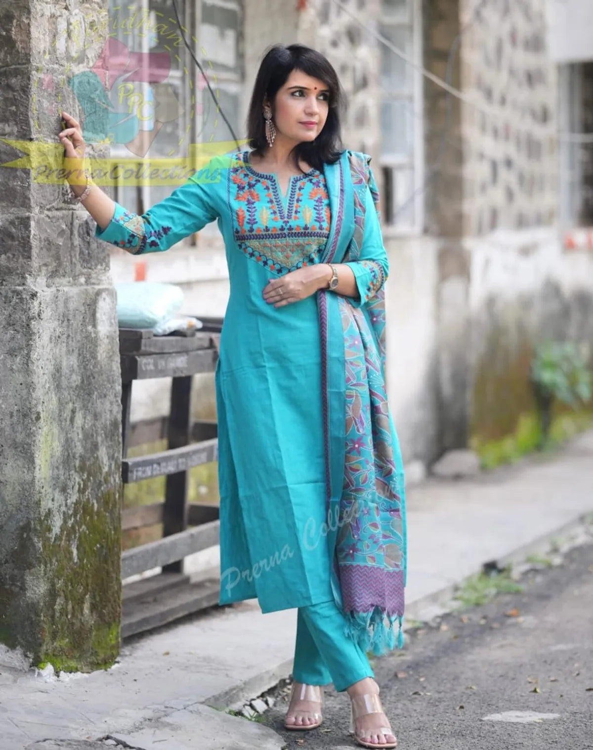 Turquoise Blue Embroidered Cotton Suit Set with Printed Dupatta – Elegant Ethnic Wear for Women
