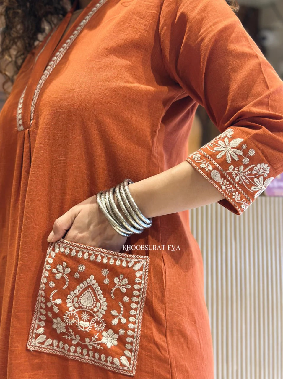 Rust Orange Hand Embroidered Cotton Kurta Set with Pockets