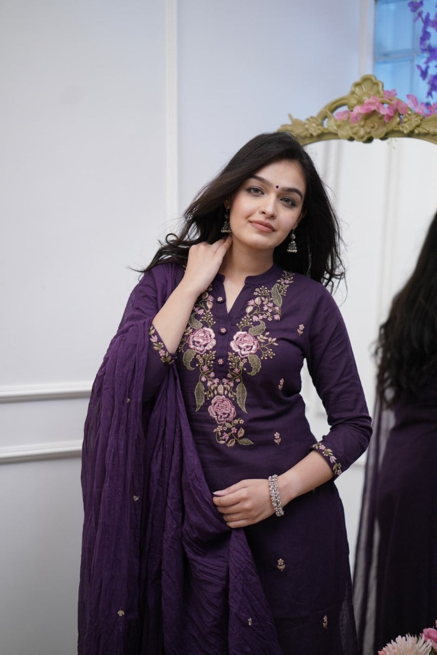 Purple Embroidered Cotton Kurta Set with Dupatta – Stylish Ethnic Wear for Women