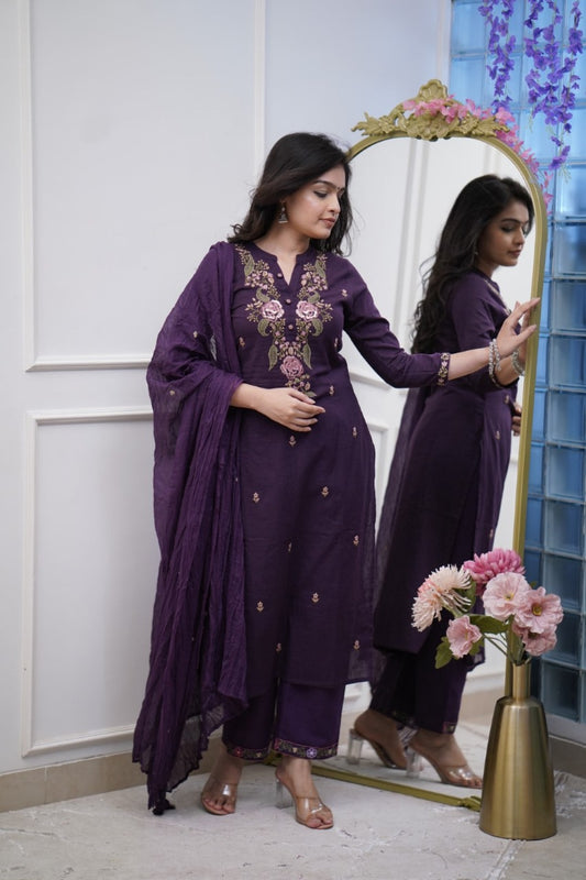 Purple Embroidered Cotton Kurta Set with Dupatta – Stylish Ethnic Wear for Women
