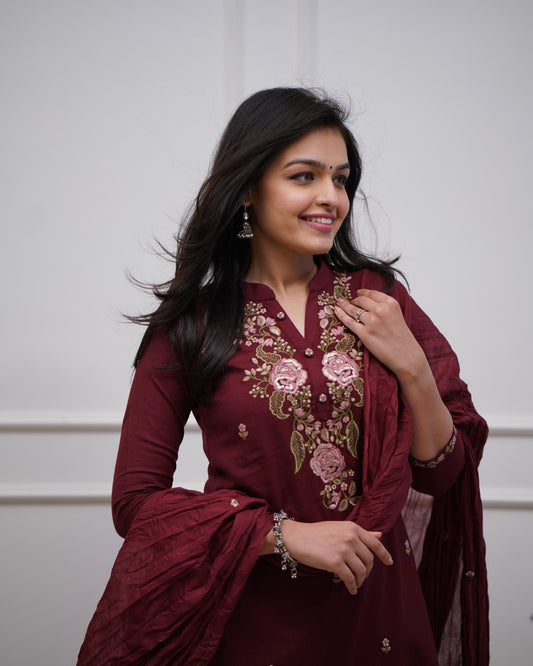Maroon Embroidered Cotton Kurta Set with Dupatta – Elegant Ethnic Wear for Women
