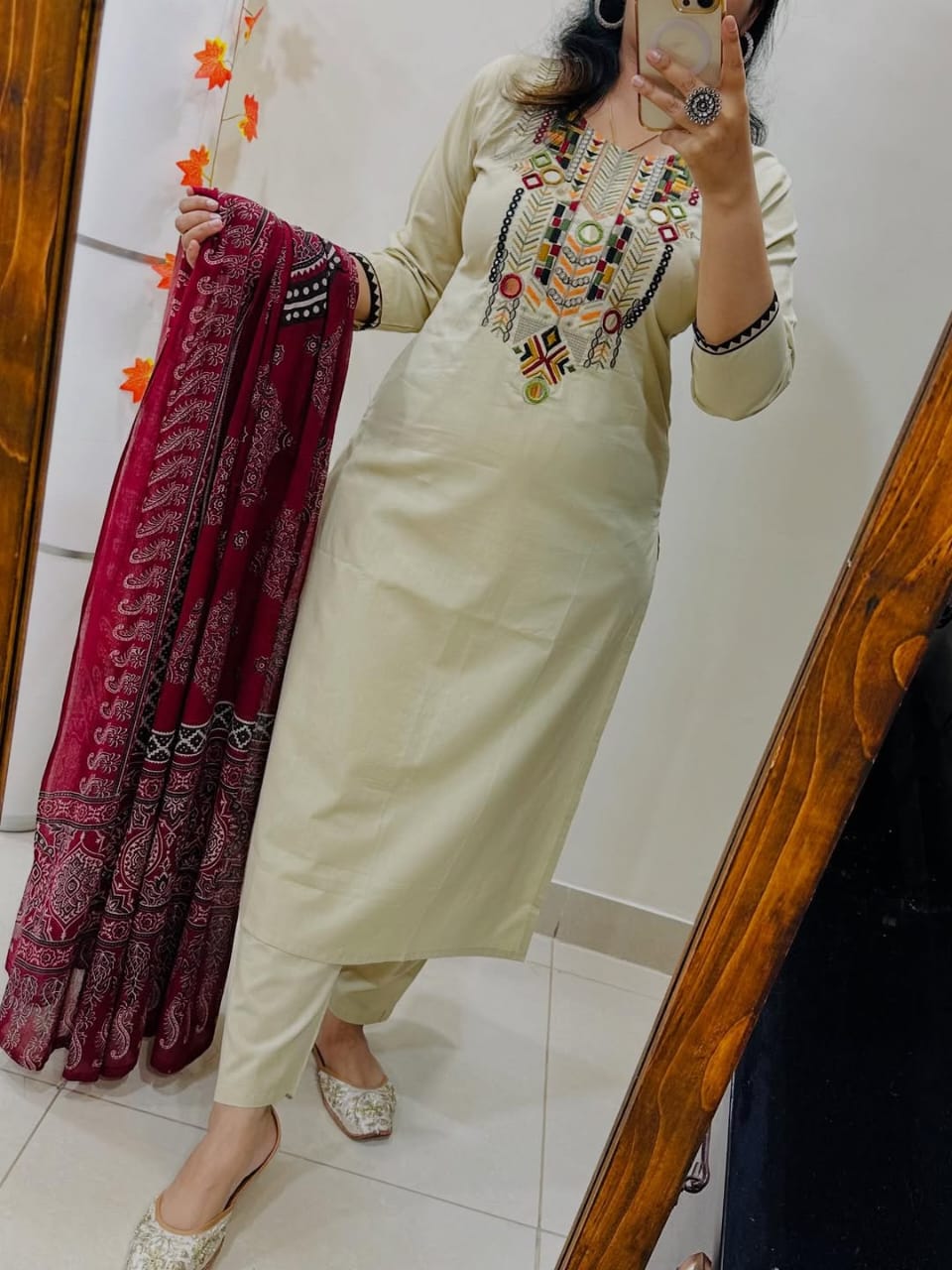 White Hand-Embroidered Kurta Set with Ajrakh Print Dupatta
