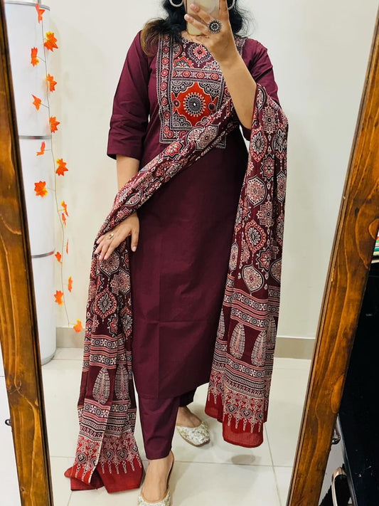 Elegant Maroon Cotton Suit with Ajrak Print Dupatta