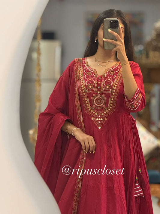 Rad Mirror-Work Anarkali Set with Dupatta