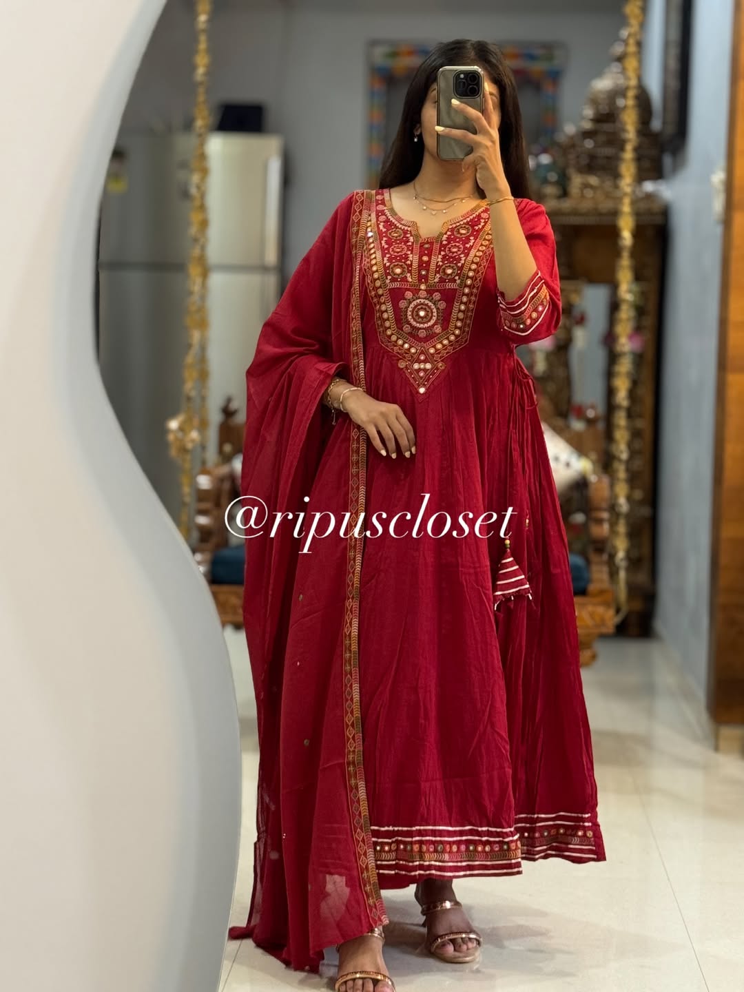 Rad Mirror-Work Anarkali Set with Dupatta