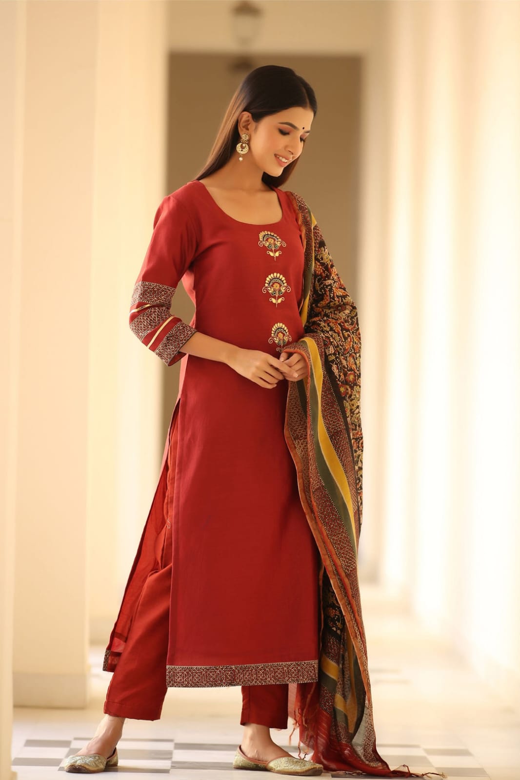 Maroon Embroidered Kurta Set with Printed Dupatta