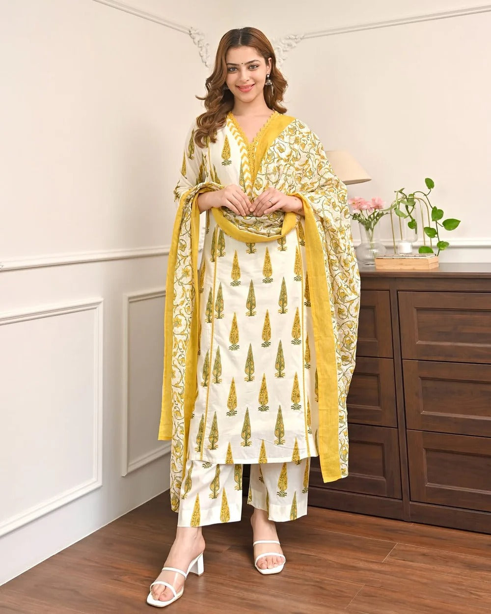 Elegant Mustard & Ivory Printed Kurta Set with Dupatta
