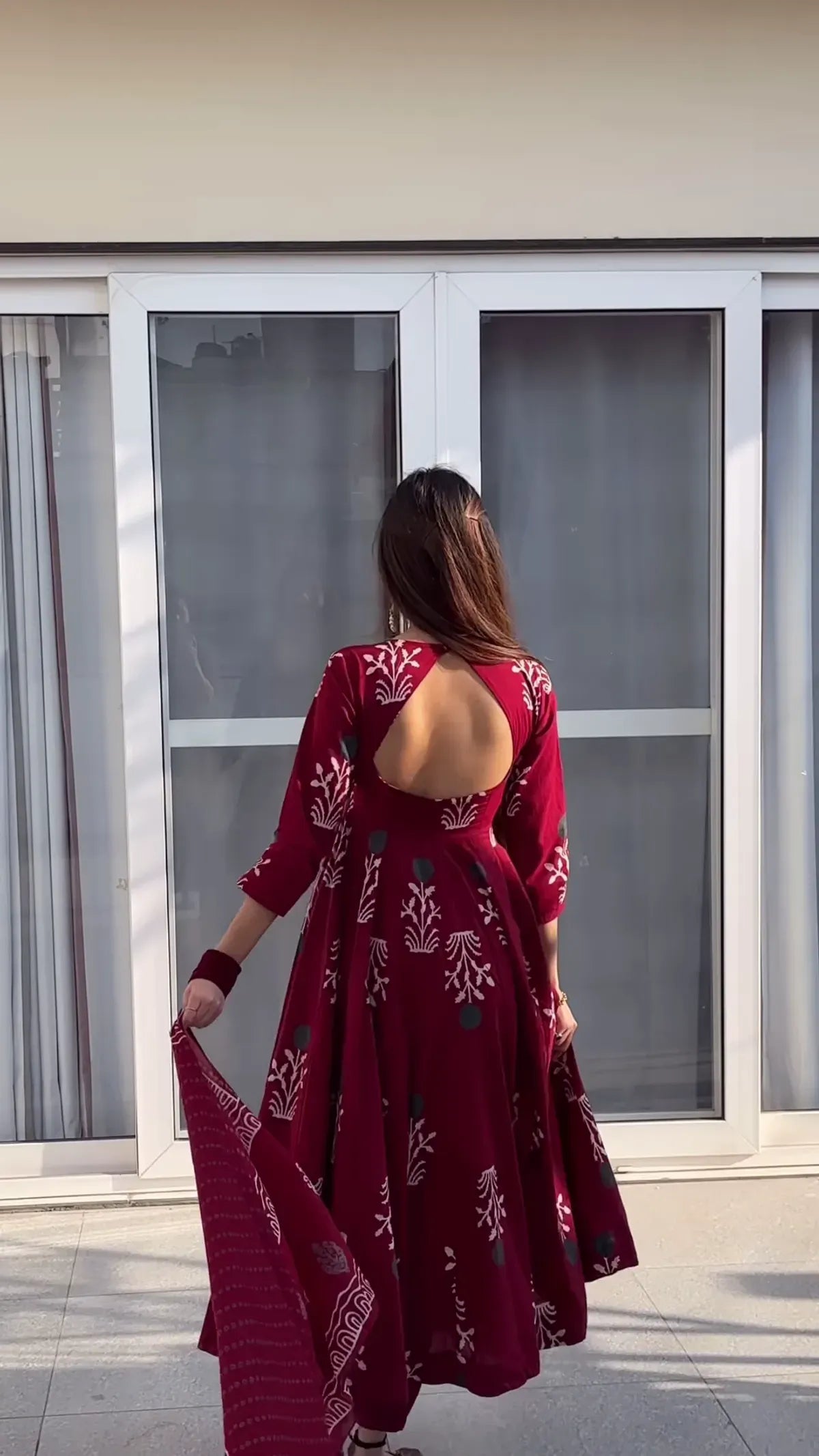 Maroon Discharge Print Anarkali Suit Set with Pant & Dupatta (Maroon)