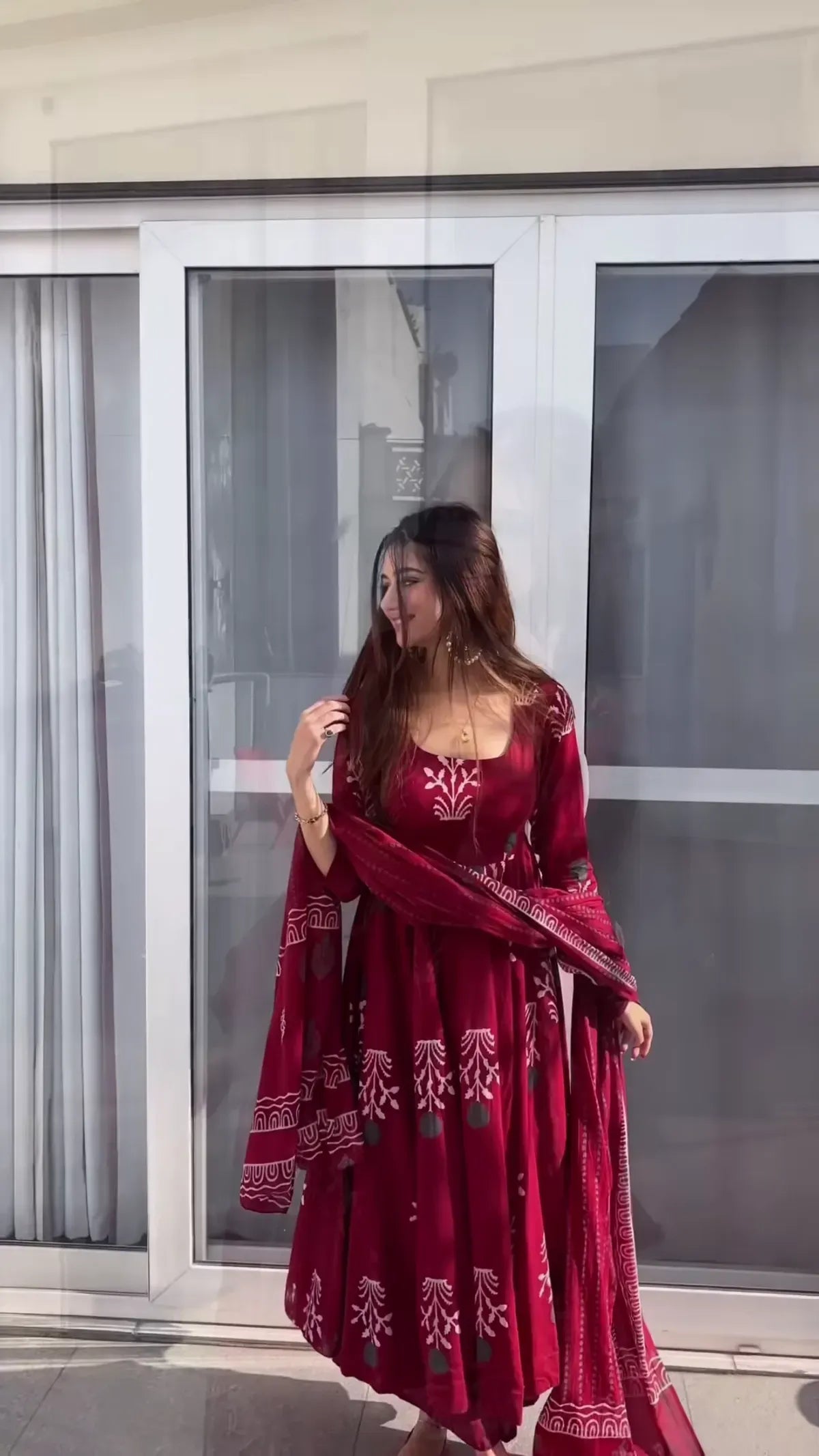 Maroon Discharge Print Anarkali Suit Set with Pant & Dupatta (Maroon)