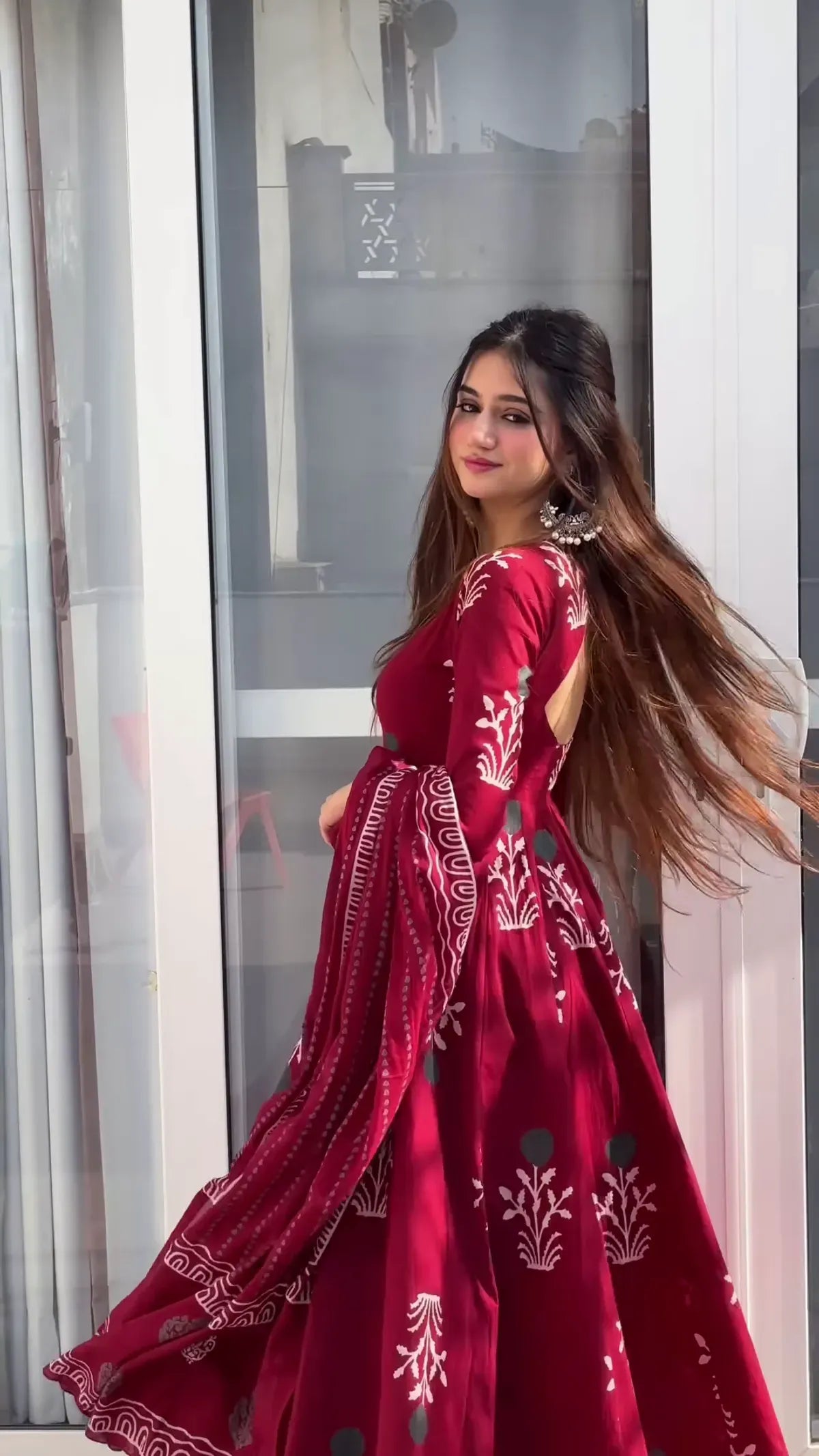 Maroon Discharge Print Anarkali Suit Set with Pant & Dupatta (Maroon)