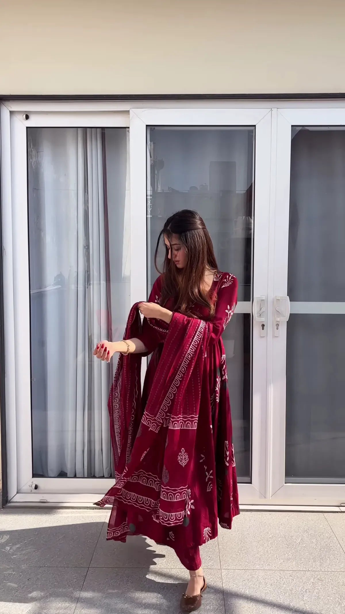 Maroon Discharge Print Anarkali Suit Set with Pant & Dupatta (Maroon)