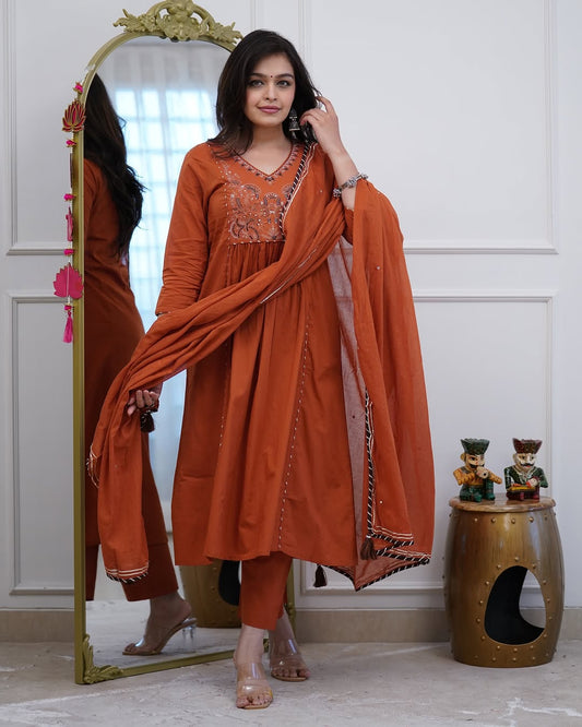 Rust Orange Embroidered Anarkali Suit Set