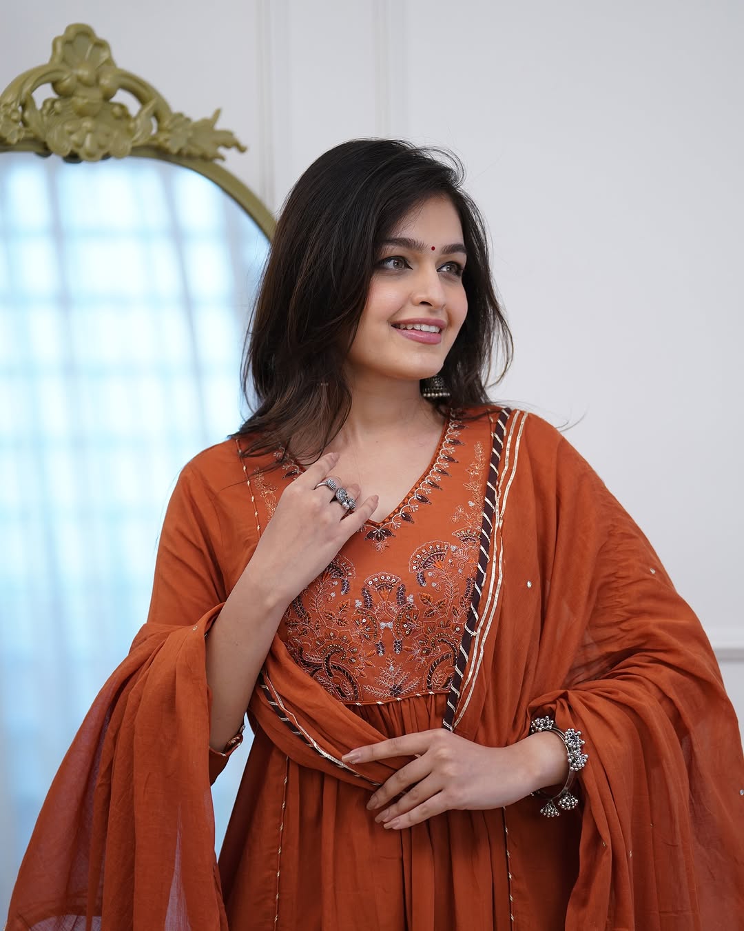 Rust Orange Embroidered Anarkali Suit Set