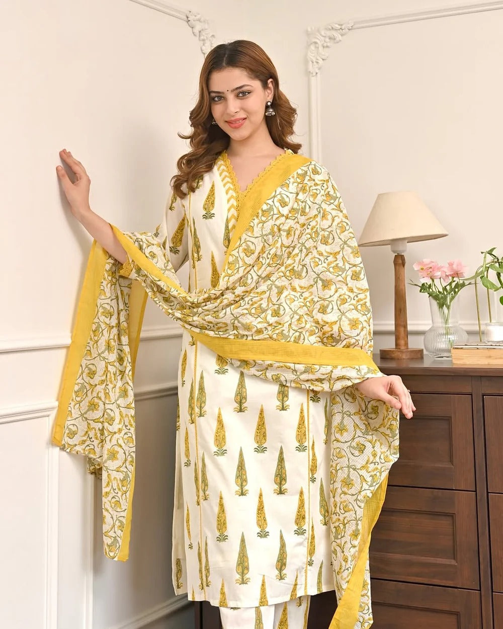 Elegant Mustard & Ivory Printed Kurta Set with Dupatta