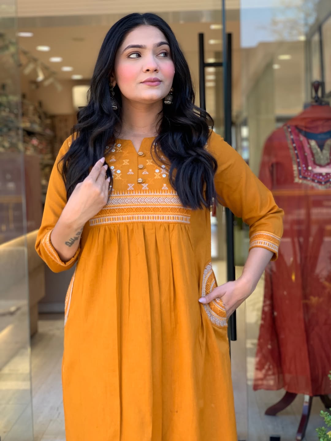Mustard Yellow Embroidered Kurta Set with Straight Pants