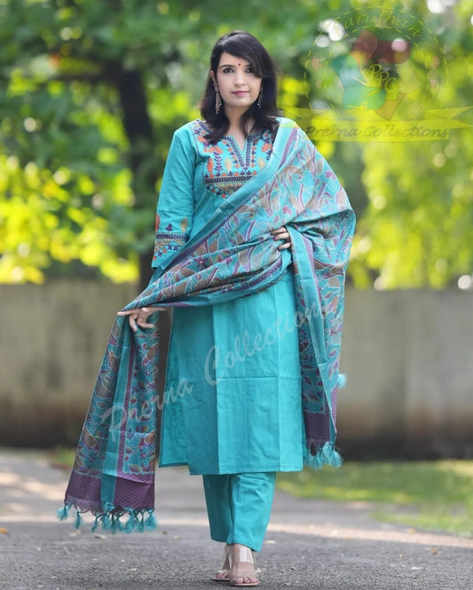 Turquoise Blue Embroidered Cotton Suit Set with Printed Dupatta – Elegant Ethnic Wear for Women