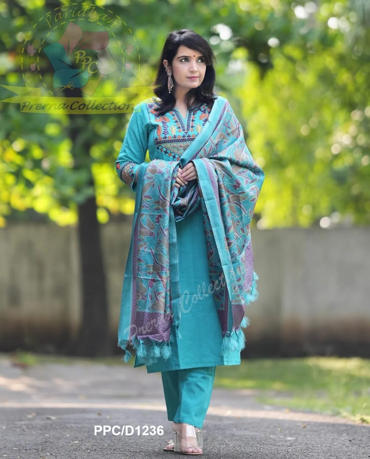 Turquoise Blue Embroidered Cotton Suit Set with Printed Dupatta – Elegant Ethnic Wear for Women