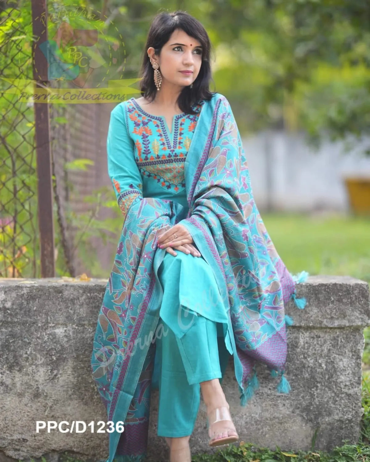 Turquoise Blue Embroidered Cotton Suit Set with Printed Dupatta – Elegant Ethnic Wear for Women