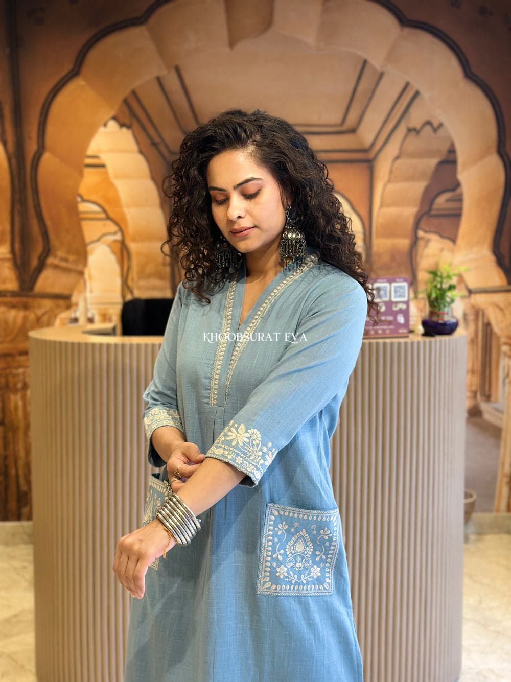 Sky Blue Hand Embroidered Cotton Kurta Set with Pockets
