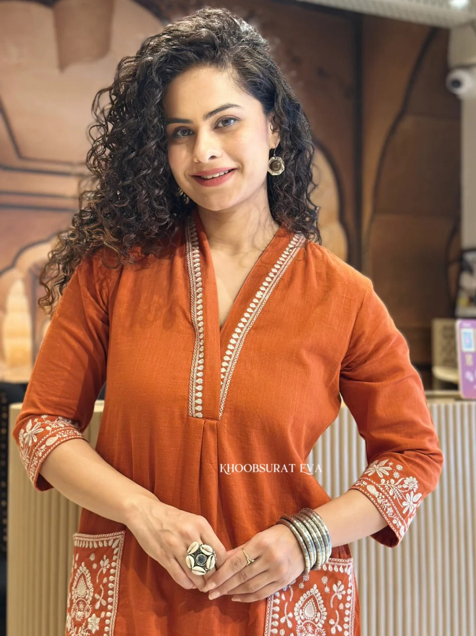 Rust Orange Hand Embroidered Cotton Kurta Set with Pockets