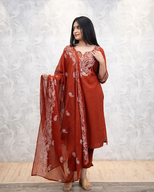 Elegant Maroon Cotton Kurta Set with White Embroidery