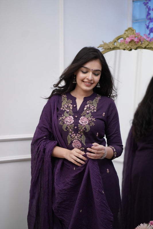 Purple Embroidered Cotton Kurta Set with Dupatta – Stylish Ethnic Wear for Women
