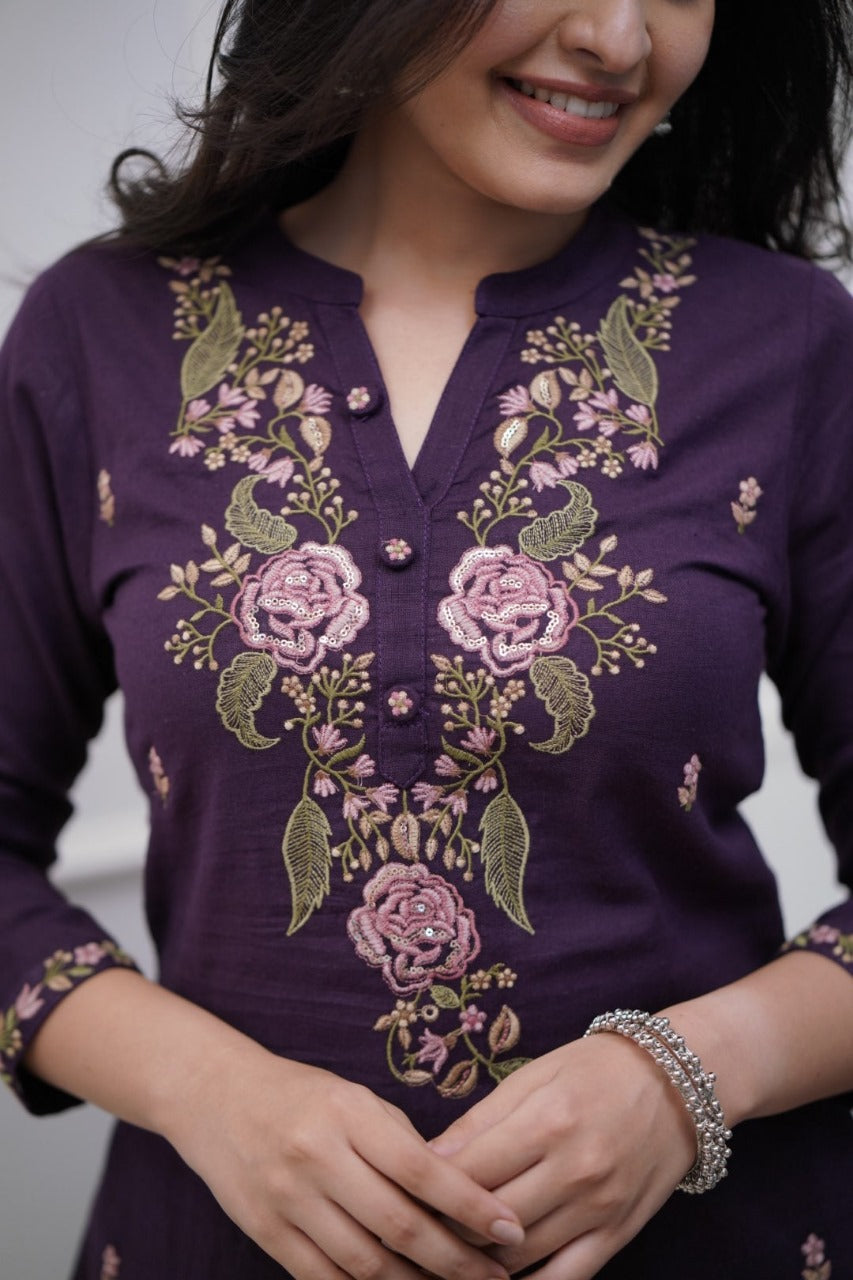 Purple Embroidered Cotton Kurta Set with Dupatta – Stylish Ethnic Wear for Women