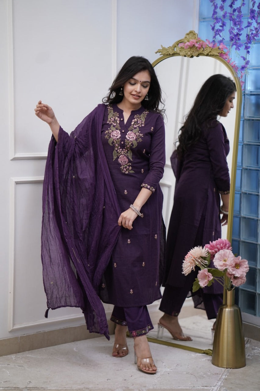 Purple Embroidered Cotton Kurta Set with Dupatta – Stylish Ethnic Wear for Women