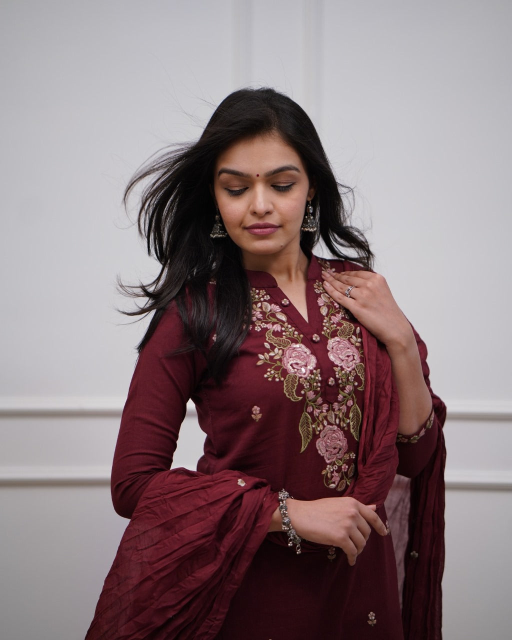 Maroon Embroidered Cotton Kurta Set with Dupatta – Elegant Ethnic Wear for Women