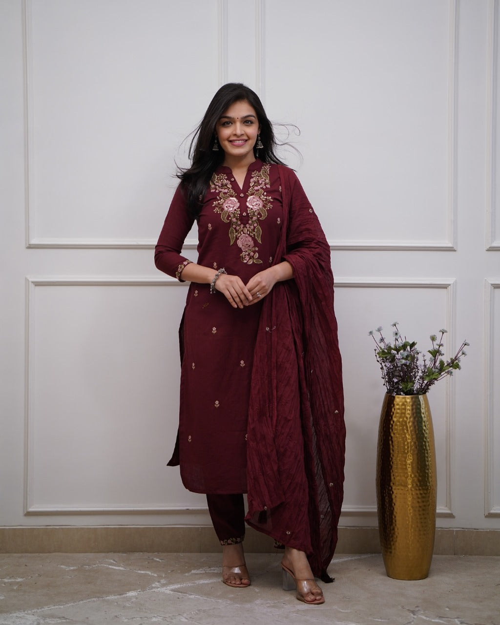 Maroon Embroidered Cotton Kurta Set with Dupatta – Elegant Ethnic Wear for Women