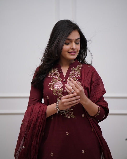 Maroon Embroidered Cotton Kurta Set with Dupatta – Elegant Ethnic Wear for Women