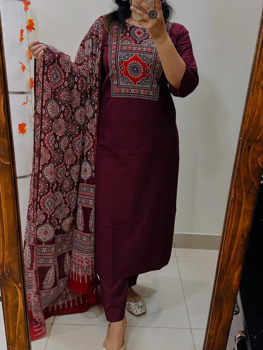 Elegant Maroon Cotton Suit with Ajrak Print Dupatta