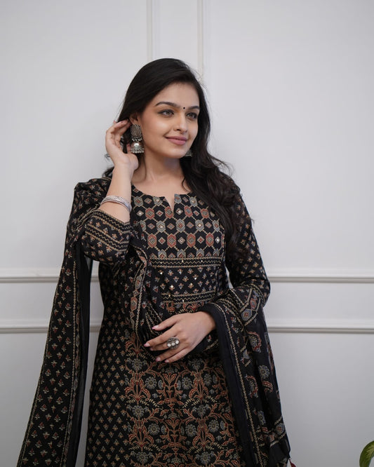 Elegant Black Printed Cotton Salwar Suit Set with Dupatta