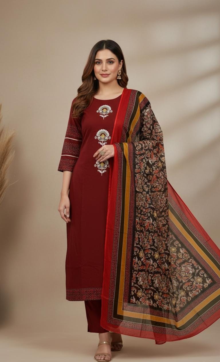 Maroon Embroidered Kurta Set with Printed Dupatta
