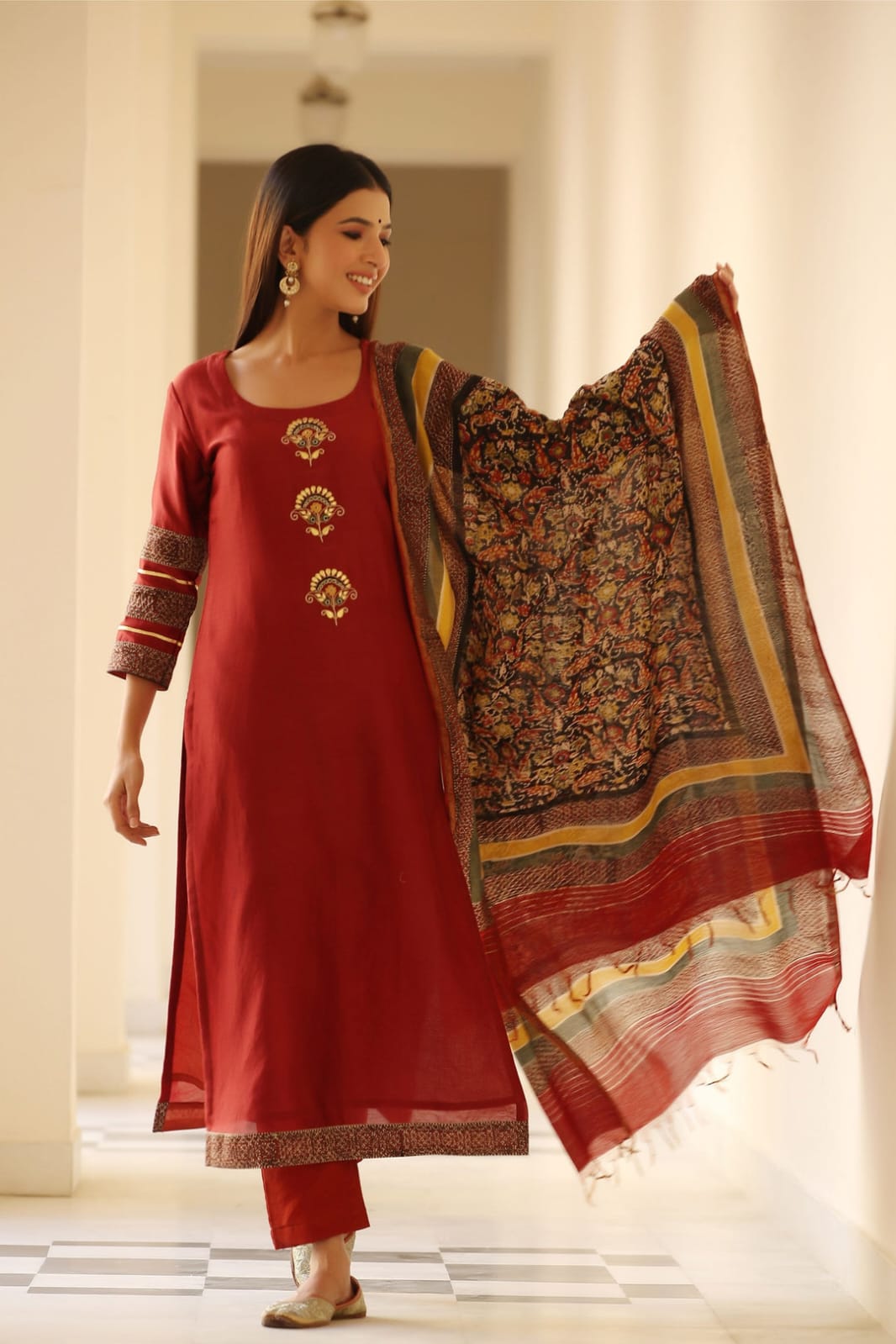 Maroon Embroidered Kurta Set with Printed Dupatta