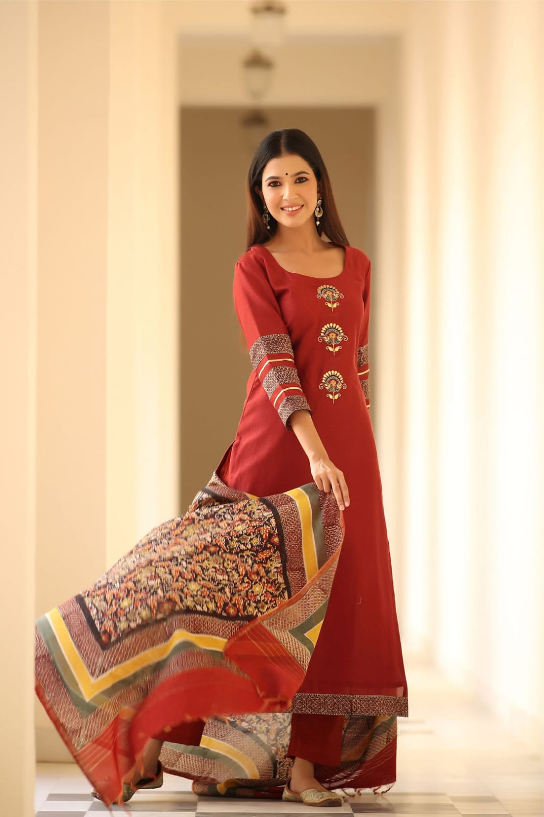 Maroon Embroidered Kurta Set with Printed Dupatta