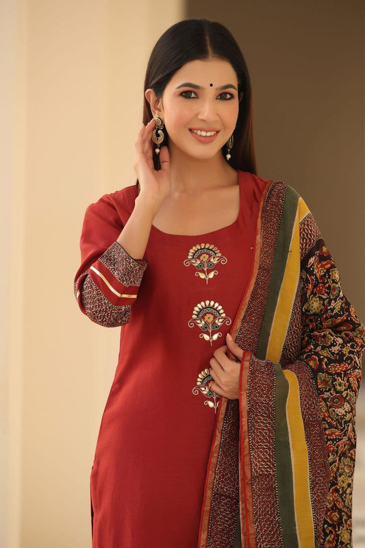 Maroon Embroidered Kurta Set with Printed Dupatta