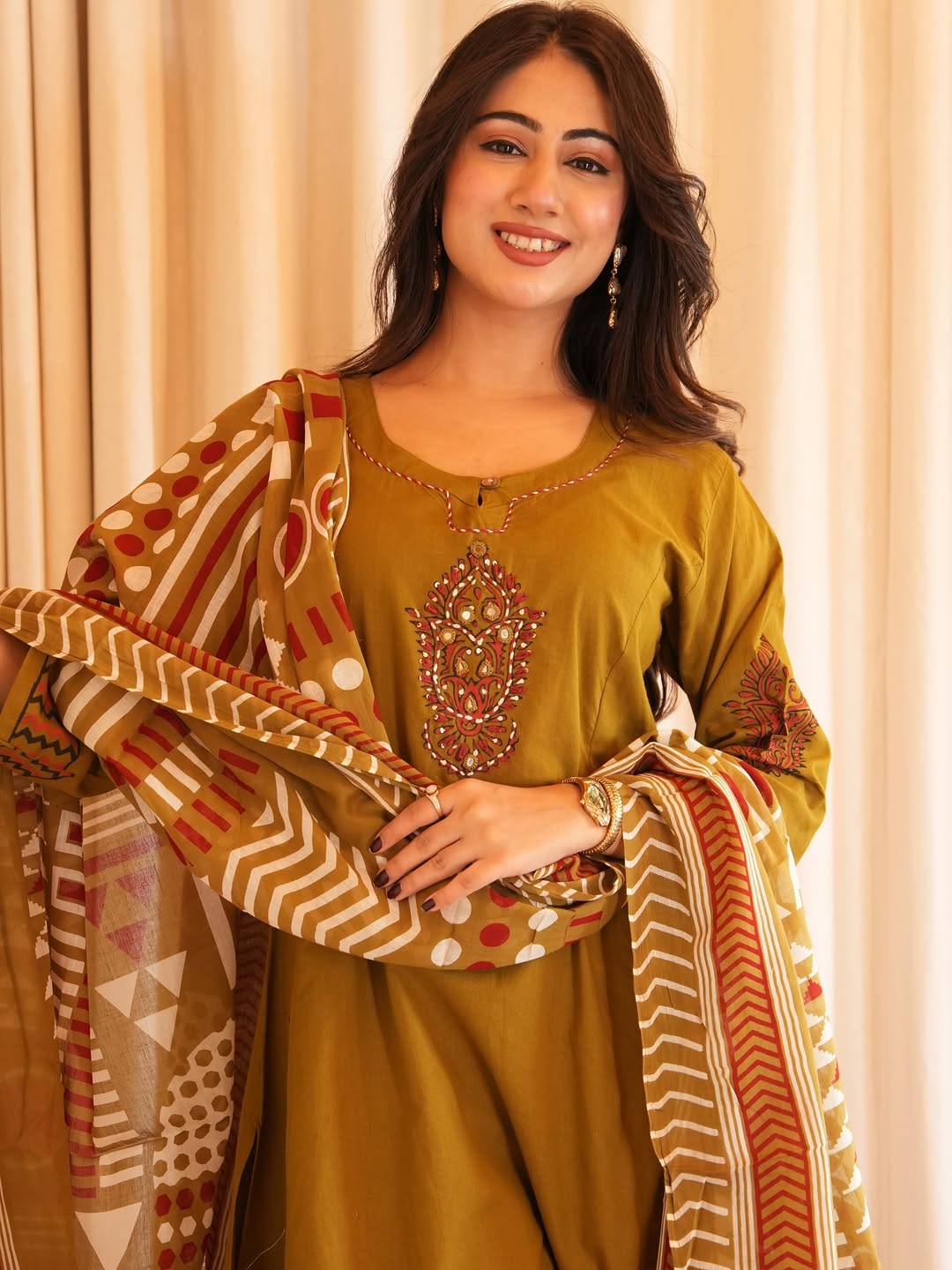 Olive Green Printed Kurta Set with Designer Dupatta