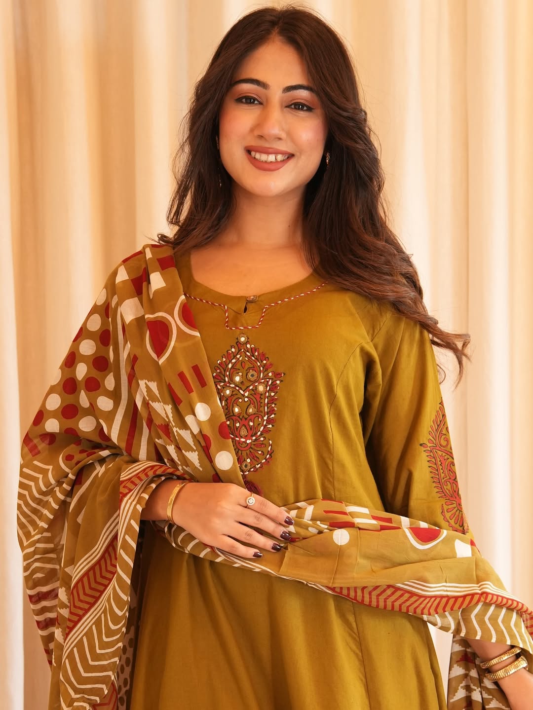 Olive Green Printed Kurta Set with Designer Dupatta