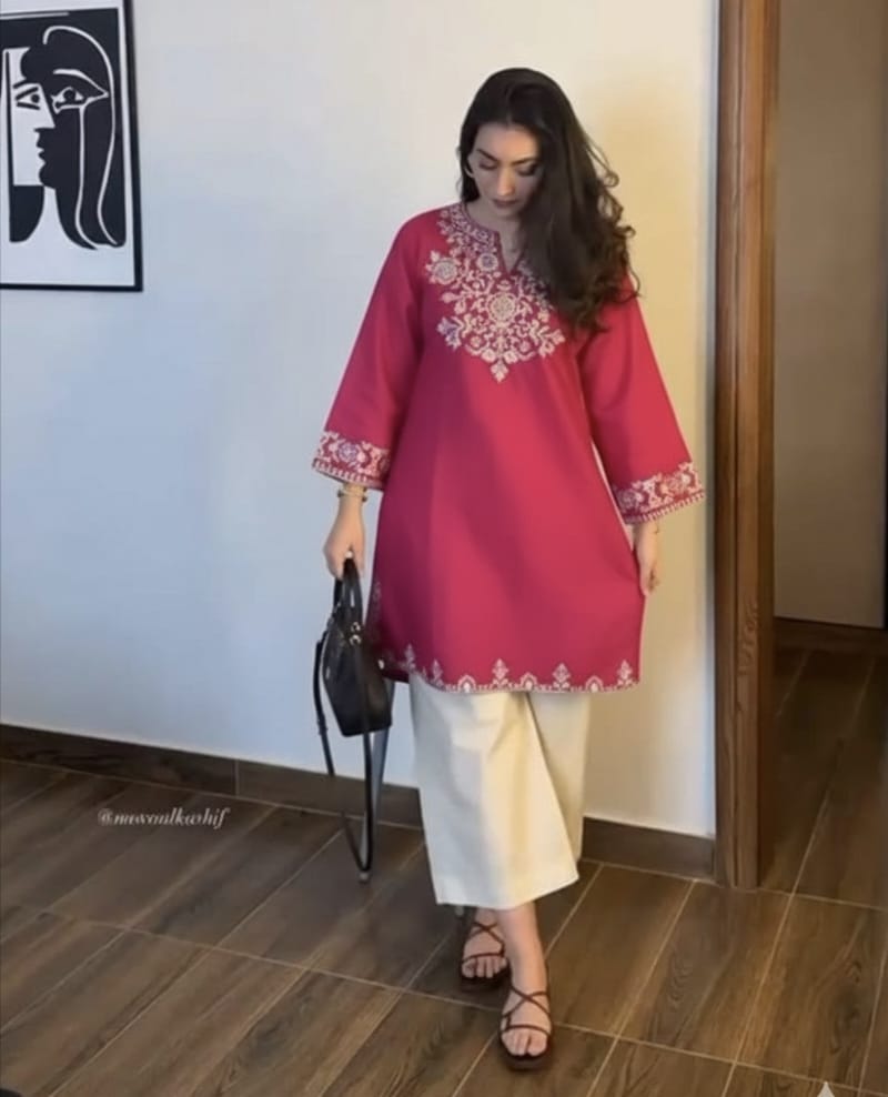 pink Embroidered Kurta with Ivory Straight Pants