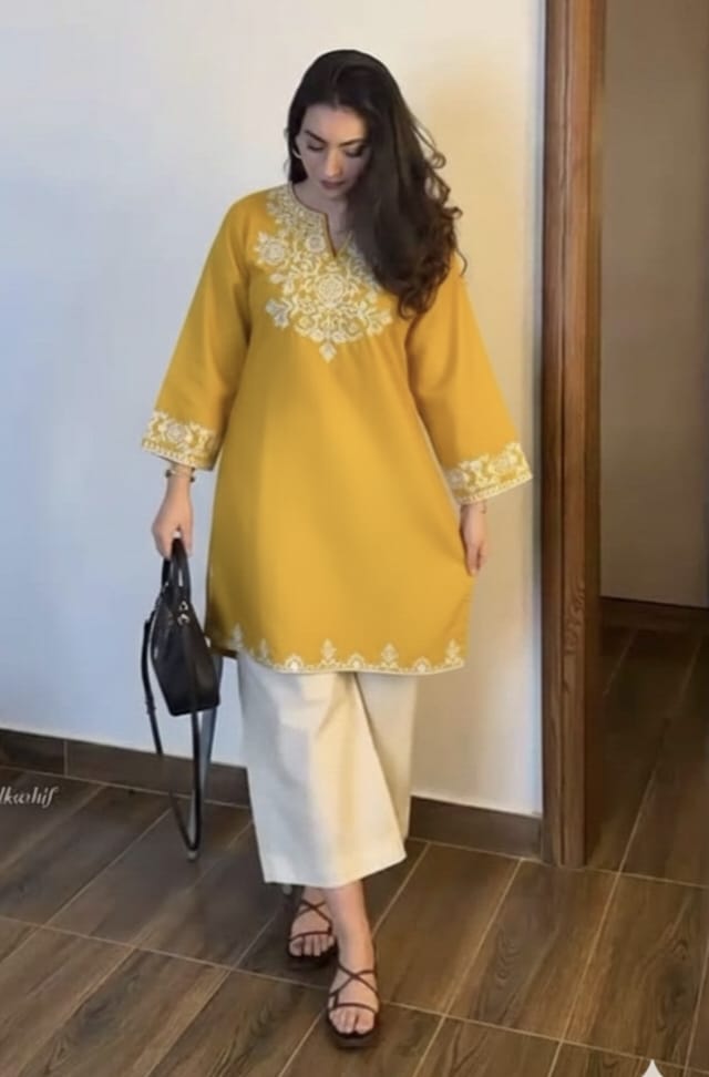 yellow Embroidered Kurta with Ivory Straight Pants