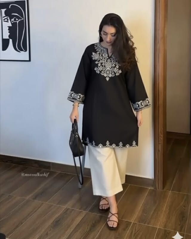 Black Embroidered Kurta with Ivory Straight Pants