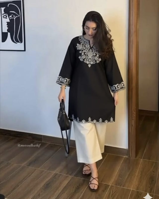 Black Embroidered Kurta with Ivory Straight Pants