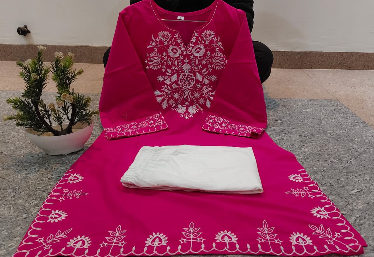 pink Embroidered Kurta with Ivory Straight Pants