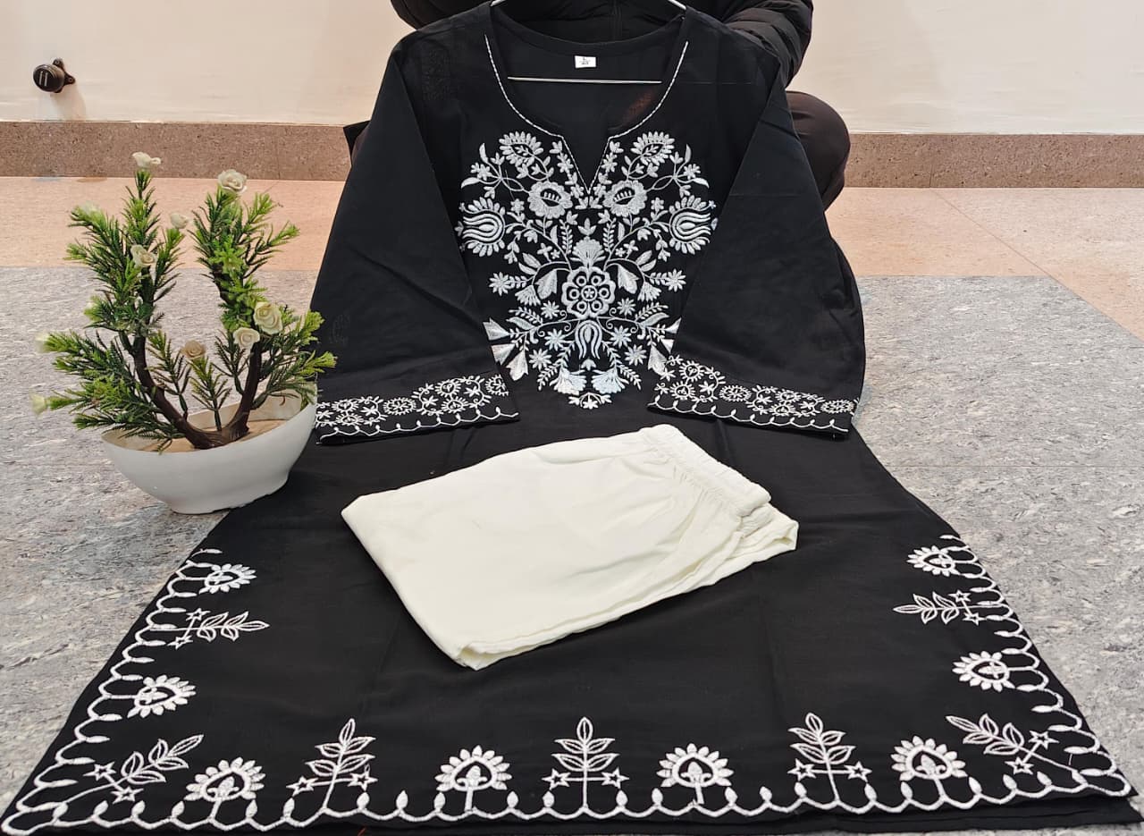 Black Embroidered Kurta with Ivory Straight Pants