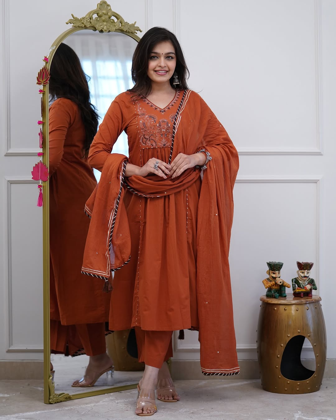 Rust Orange Embroidered Anarkali Suit Set